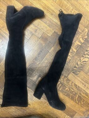 Stuart Weitzman Black Suede Over-the-Knee Block Heel Boots